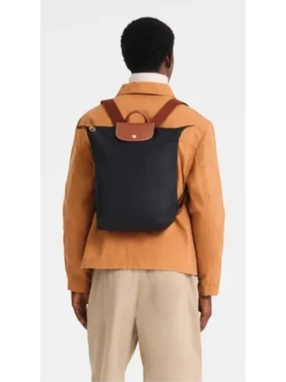 Longchamp Le Pliage Backpack Black Nylon Brown Leather Foldable NWOT